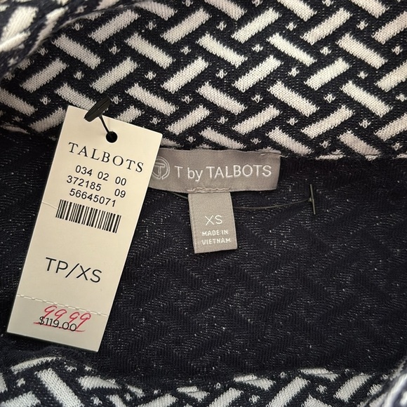 Talbots Navy and White Basket Weave Print Long Sleeve Mockneck Top SzXS - Picture 7 of 8